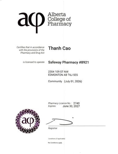 Pharmacy Alberta Certificate