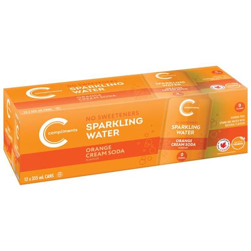 Alt text: 12 pack orange box of Compliments Orange Cream Soda Flavour Sparkling Water