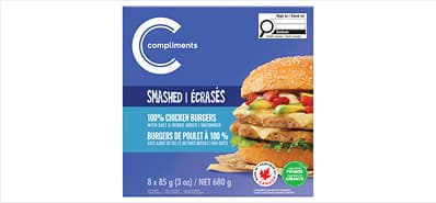 Package label for Compliments 100% Chicken Smashed burgers.