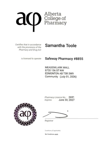 Pharmacy Alberta Certificate