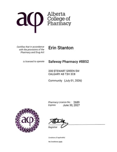 Pharmacy Alberta Certificate
