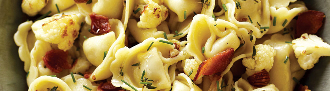 tortellini with roasted cauliflower, bacon and herbs