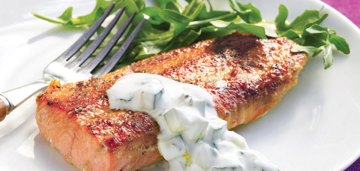 Curry Grilled Salmon with Creamy Cucumber Sauce