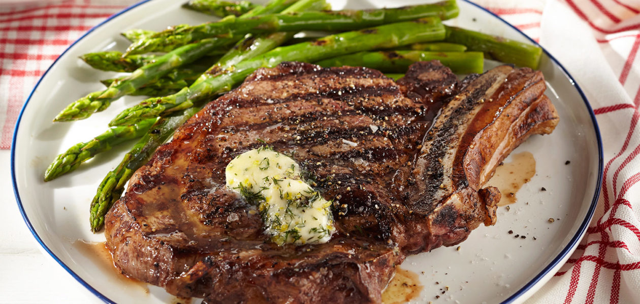 Steak House-Style Rib Steak & Lemon Dill Butter with Grilled Asparagus