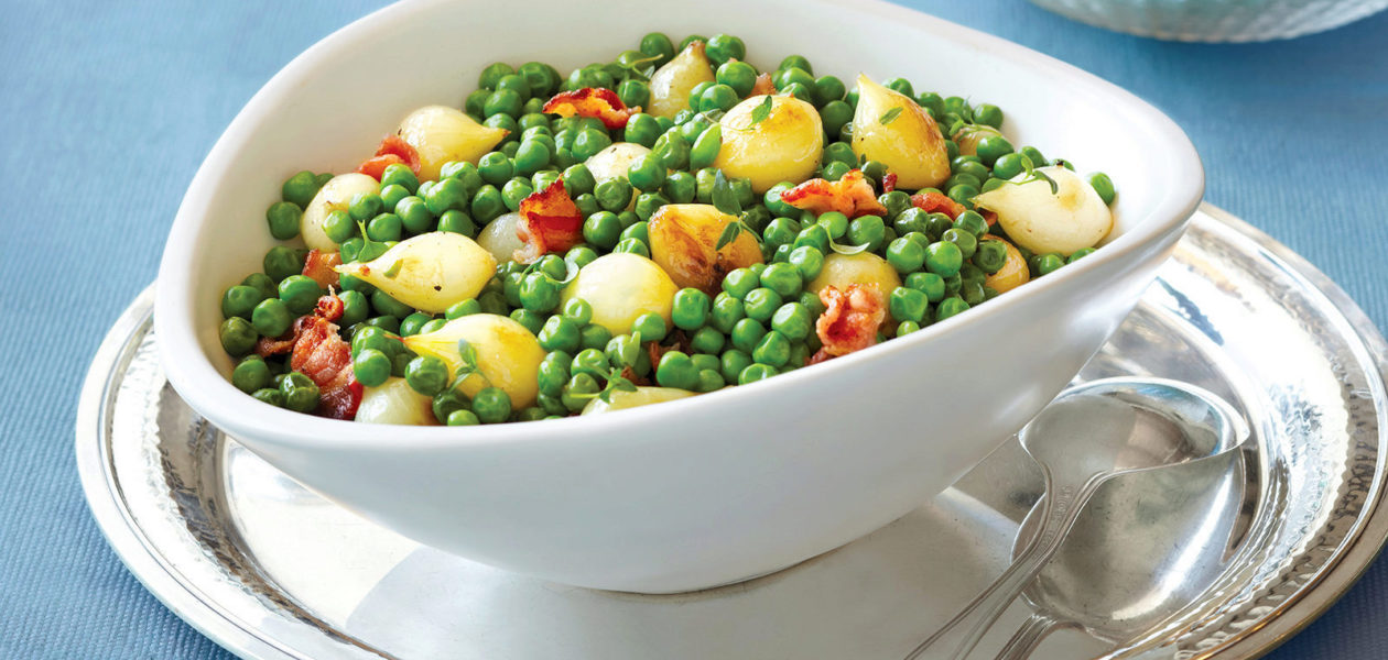 Braised Pearl Onions with Peas & Bacon