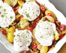 Poached Eggs with Fingerling Potatoes, Red Pepper & Salami Sauté