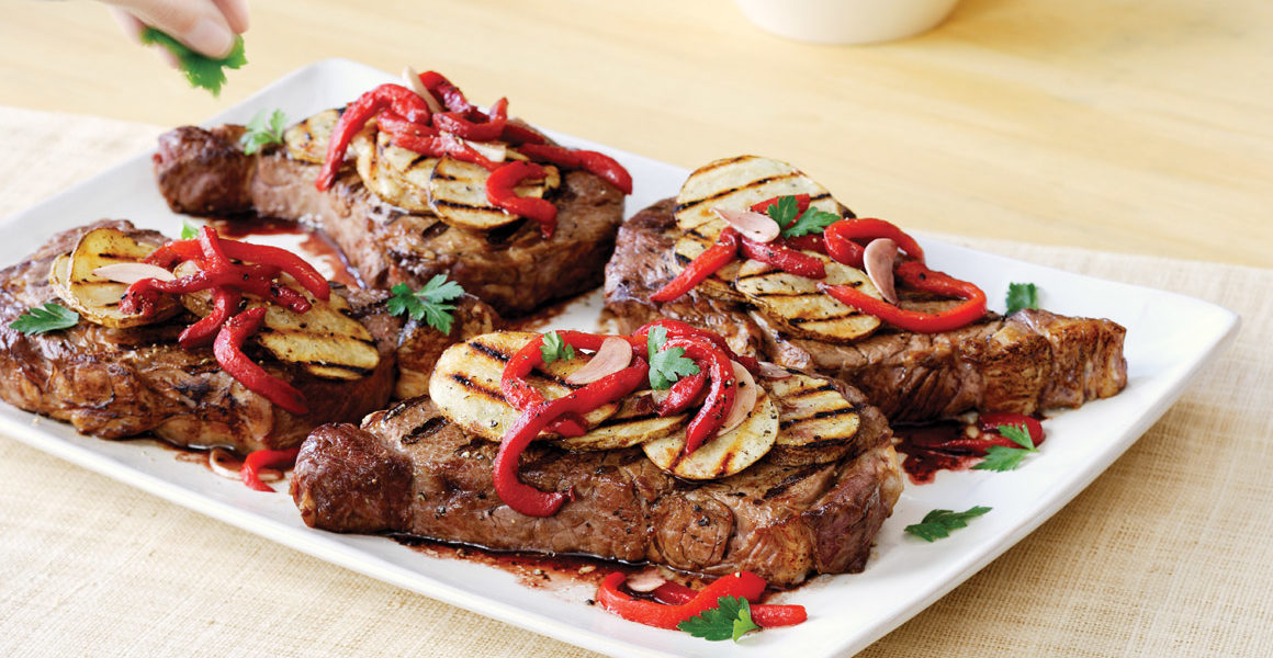 Grilled Rib Eye with Marinated Roasted Red Pepper Salad