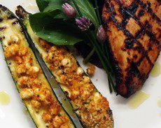 Roasted Garlic and Pepper Grilled Chicken Cutlets with Stuffed Zucchini