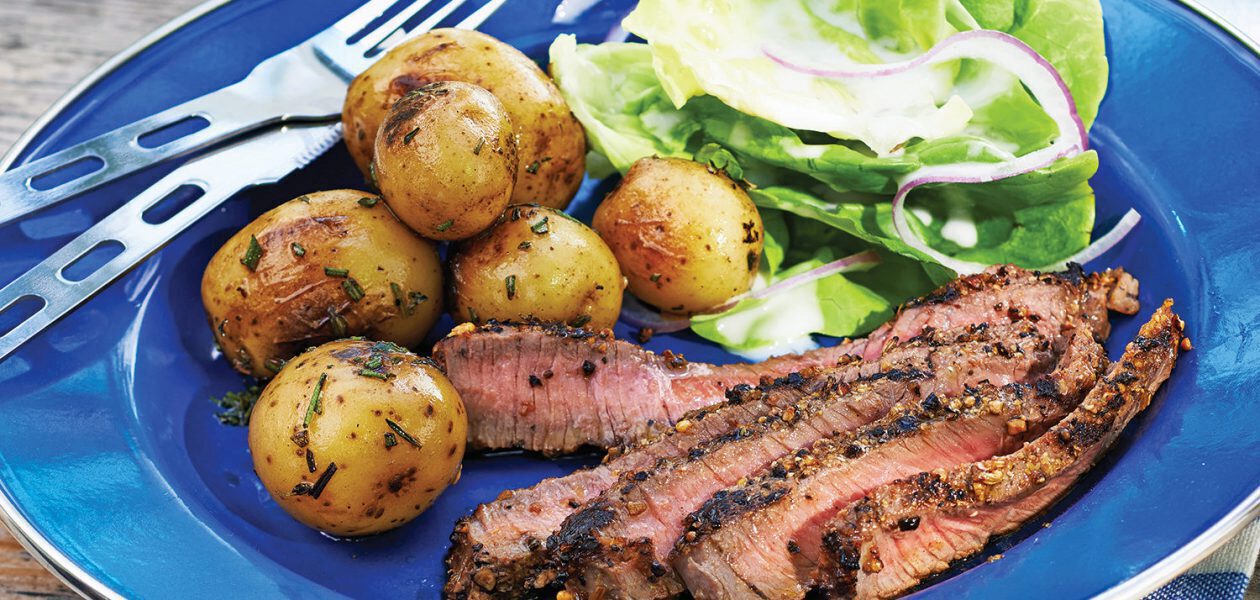 Spice-Crusted Steak with Herb & Garlic Potatoes