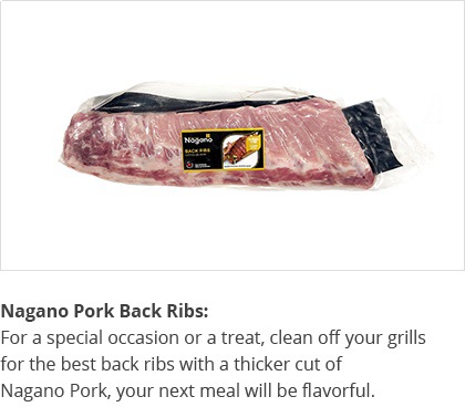 A package of plastic-sealed Nagano pork back ribs with the image of the ribs on front.