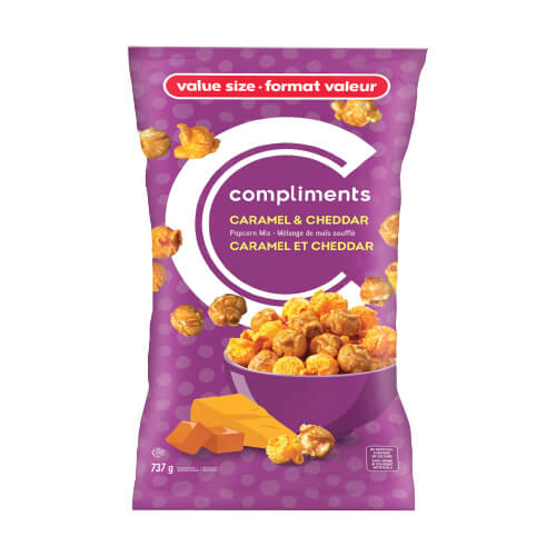 Purple value-size bag of Compliments Caramel & Cheddar Popcorn Mix 737 g