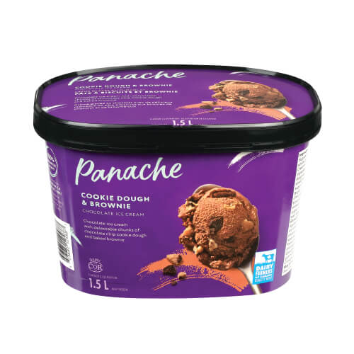Purple ice cream container of Panache Cookie Dough & Brownie Ice Cream