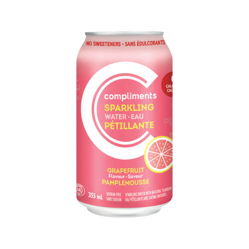Pink can of Compliments Grapefruit Flavour Sparkling Water