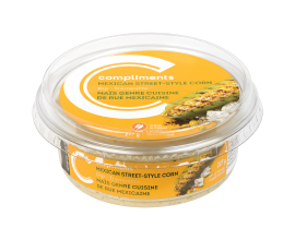Plastic tub of Mexican Street-style Corn Dip, with yellow compliments label