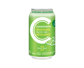 A 355 mL can of Compliments Lime Flavoured Sparkling Water with a green coloured can containing a lime illustration on the front.