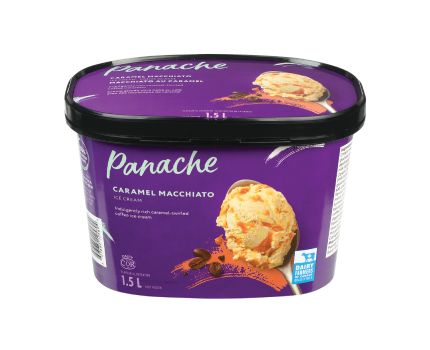Purple Panache Caramel Macchiato Ice Cream tub with a scoop of the ice cream in the right-hand corner along with a few coffee beans.