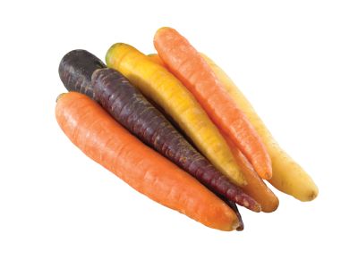 A bunch of multi-coloured carrots on a white counter.