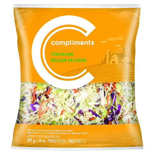 A clear and orange plastic bag of Compliments Coleslaw.