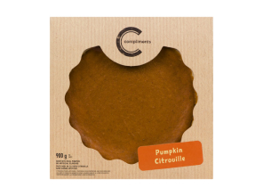 Brown pie box with black print and a cellophane window showing top of pumpkin pie.