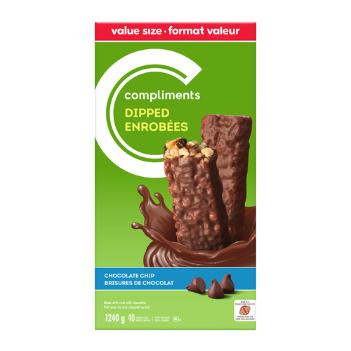 A green box of Compliments Dipped Chocolate Chip Granola Bars with two bars emerging from a splash of chocolate.