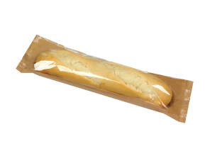 A stick of French loaf in a brown, craft paper package with a clear plastic window.