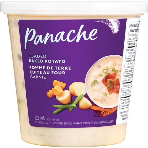 Clear plastic Panache container showing the soup with a purple package sticker that reads Panache Loaded Baked Potato Soup.