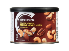 Brown wrapped tin of Compliments Roasted & Salted Deluxe Mixed nuts with a photo of the nut mix on the label.