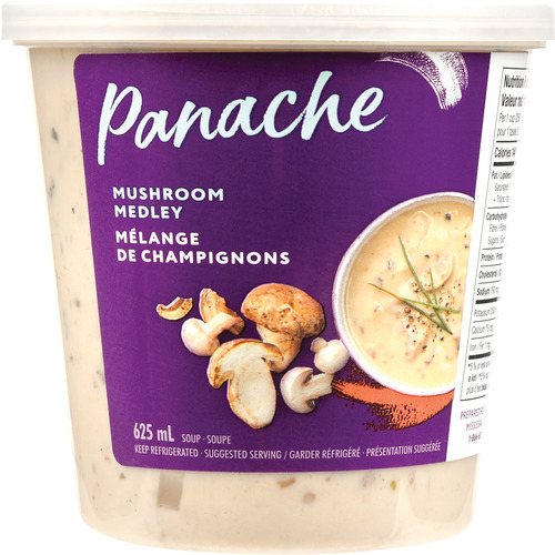 Clear plastic Panache container showing the soup with a purple package sticker that reads Panache Mushroom Medley Soup.