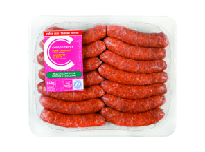 Package of Compliments mild Italian pork sausage with a pink sticker on the front.