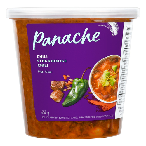 Clear plastic Panache container showing the chili with a purple package sticker that reads Panache Steakhouse Chili.
