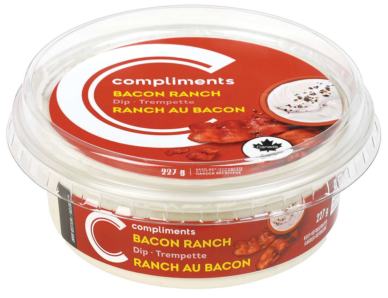 Plastic dip container of Compliments Bacon-Ranch Dip on white background