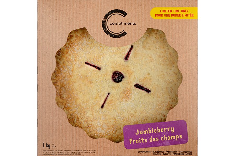 Pack shot of Compliments Jumbleberry Pie in a brown kraft-paper box with a purple tag calling out the flavour.