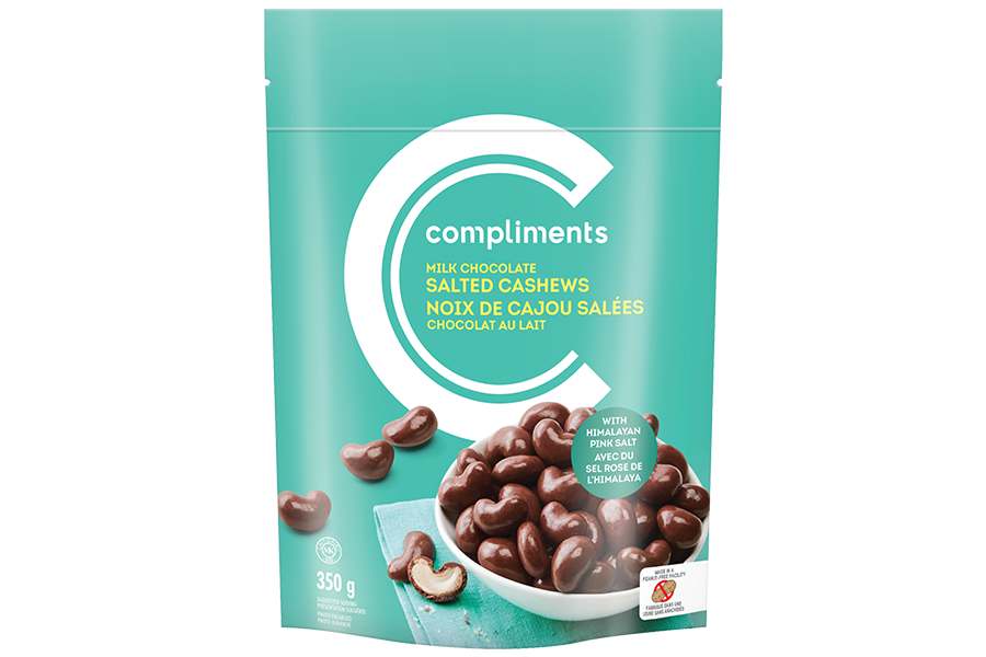 A light-blue bag with an image of milk chocolate–covered cashews on the package.