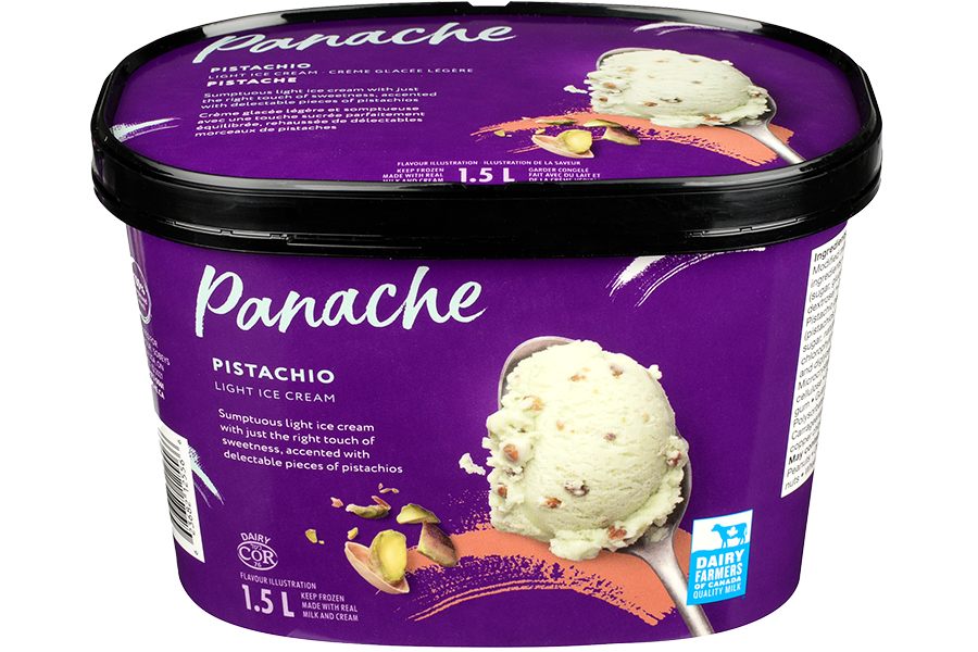 Purple ice cream tub of panache pistachio light ice cream