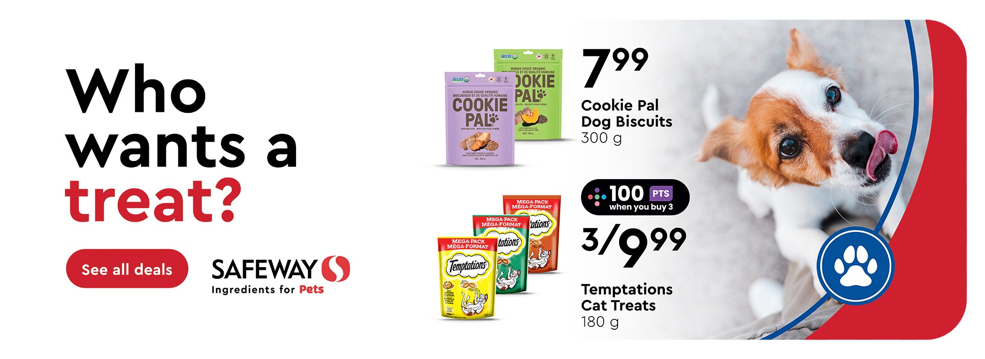 Text Reading 'Who wants a treat? Value Size Temptations Cat treats start at $6.99 for 454 grams, and Pedigree Marrobone Treats start at $12.99 for 1.9 kg. Click on 'See all Deals' button to find more treats.'