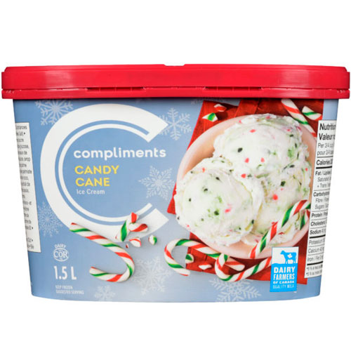 blue tub of ice cream with photo of ice cream in pink bowl surrounded by whole candy canes
