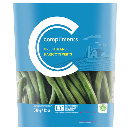 Blue package of green beans with Compliments brand label on front in white