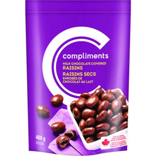 Purple pouch of milk chocolate covered raisins with a dish full on the front of package.