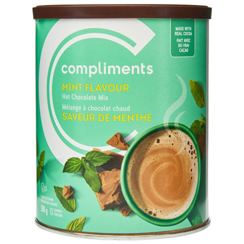 Pale green round tin of Compliments Mint Flavour Hot Chocolate Mix with an image of a steaming cup of hot chocolate on the front.