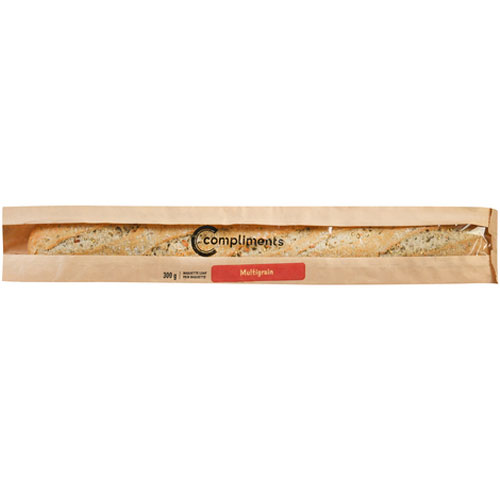 Brown paper baguette bag with clear cellophane window showing Compliments Multigrain Baguette