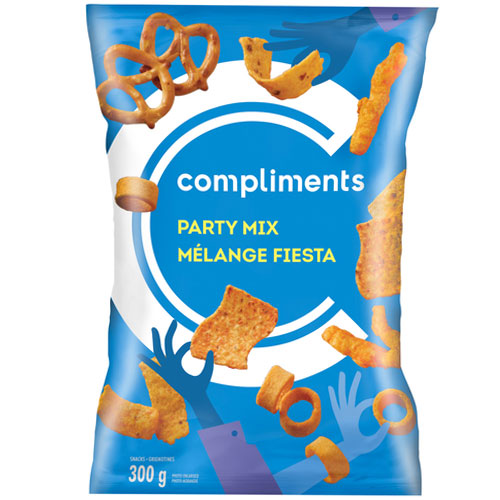 Blue packet of Compliments Party Mix showing various elements of the mix including pretzels, ring crisps and corn cheese puffs.