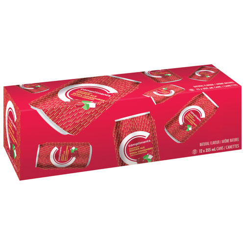 rectangular red box adorned with red soda cans with cranberry illustrations