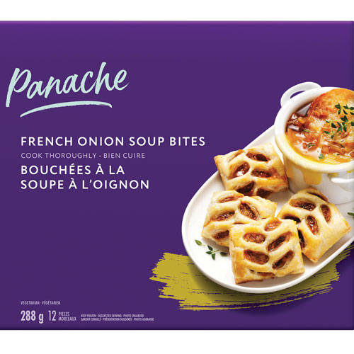 Purple box featuring Panache French Onion Soup Bites image on the front of package.
