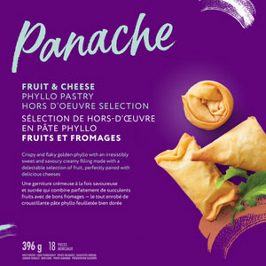 Purple panache box with image of ruit and cheese phyllo pastry on front