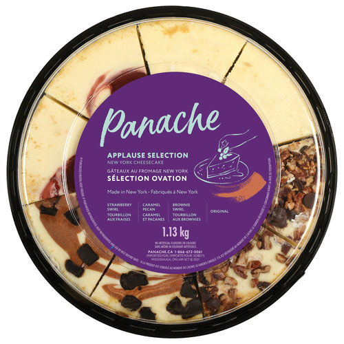 A carousel package of Panache Applause Selection New York Cheesecake slices in various flavours including brownie and strawberry swirls.