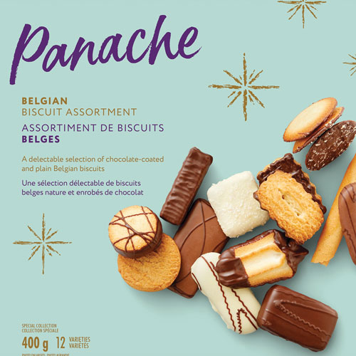 Gold tin box of Panache Belgian biscuits with a light blue label depicting various chocolate-covered biscuits.