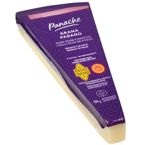Wedge of Panache Grana Padano with a clear plastic cover and purple label.