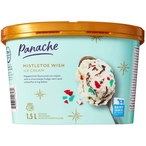 teal tub of ice cream with photo of a scoop of mistletoe wish on a spoon