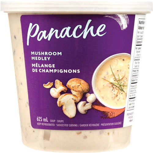 Panache mushroom medley soup in clear container with purple label