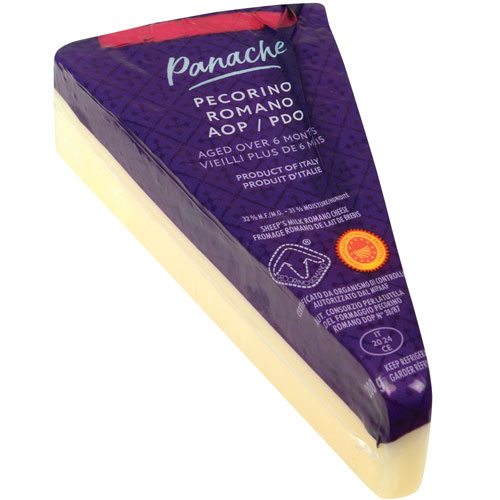 Wedge of Panache Pecorino Romano with a clear plastic cover and purple label.